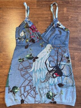 Vtg RAW 7 Cashmere Knit Cami Tank  S Blue Spider Web Gothic Fairycore Y2K Rare